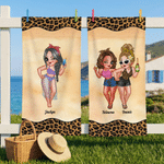 Personalised Leopard Print Cute Cartoon Characters Oversized Quick Dry Beach Towel with Name Beach Party Birthday Gift for Woman Best Friend