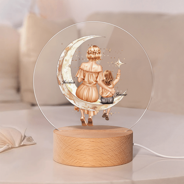Personalized Star Moon Mom Kid Back View LED Round Night Light with Wooden Base and Name Mother's Day Birthday Gift for Mother Boy Girl