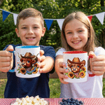 Tasse à café personnalisée Highland Cow Sunflower Multicolor 11/15 oz avec nom et sous-verre Usage quotidien Cadeau de la fête de l'indépendance américaine pour les Américains