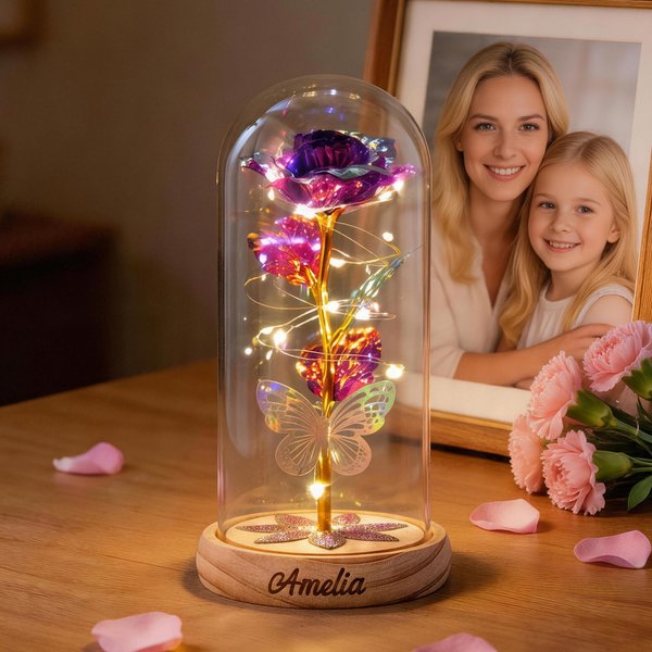 Personalized Name Galaxy Rose Glass Lampshade with Preserved Flower and LED Light Mother's Day Birthday Gift for Woman