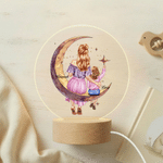 Personalized Star Moon Mom Kid Back View LED Round Night Light with Wooden Base and Name Mother's Day Birthday Gift for Mother Boy Girl