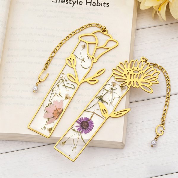Personalised Dried Birth Flower Bookmark with Initial Charm Birthday Gift for Book Lovers Readers