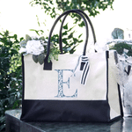 Personalised Toile De Jouy Style Initial Large Tote Bag Travel Accessories Mother's Day Birthday Gift for Mom Woman Girlfriend