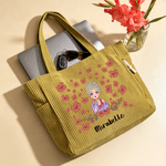 Personlig tecknad karaktär stor kapacitet Corduroy Tote Bag med födelseblomma och namn Resa väsentlig födelsedagspresent för kvinnor