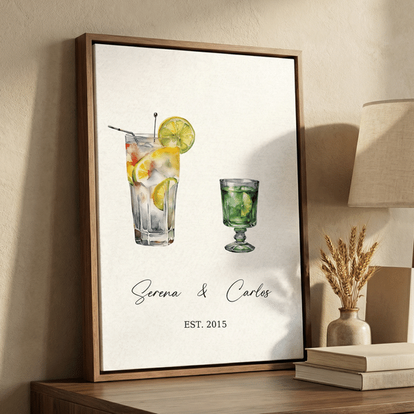 Personalised Watercolor Signature Cocktail Giclee Canvas Printing Home Decor Ship from USA Anniversary Gift for Couple