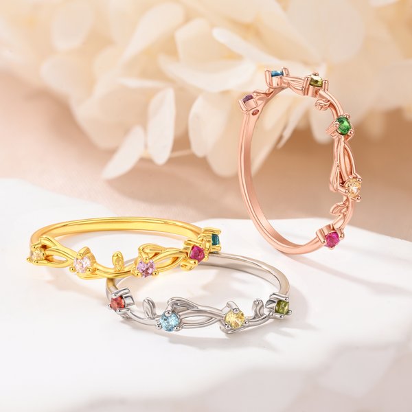 Personalized 1-6 Vines Flowers Birthstones Sterling Silver Ring Dainty Jewelry Birthday Anniversary Mother's Day Gift for Women