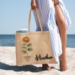 Personalized Birth Flower Reusable Jute Tote Bag with Name Birthday Mother's Day Wedding Gift for Mom Bridesmaid Friend