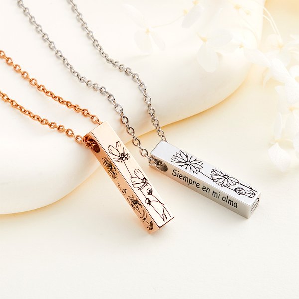 Collar de relicario para cenizas personalizado con 1 a 4 lados grabados de flores de nacimiento y texto regalo conmemorativo para ella