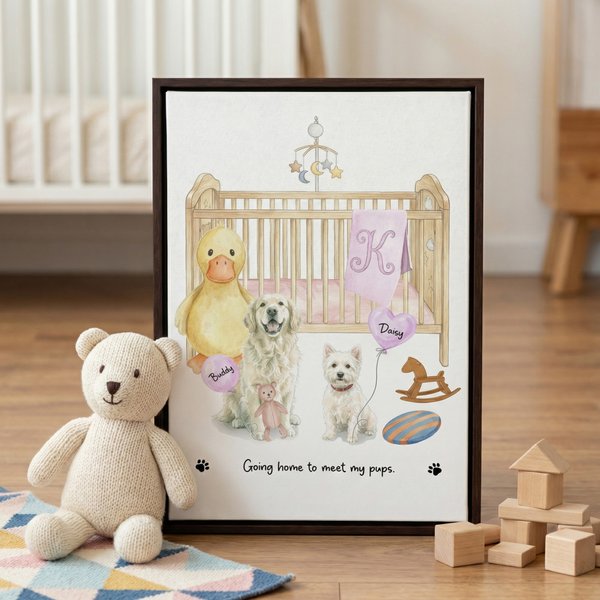 Personalised Watercolour Crib Pets Portrait Canvas Prints Nursery Decor New Baby Arrival Gift for Dog Cat Owners