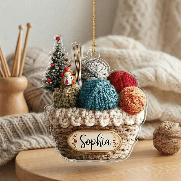 Personalized 2D Knitting Basket Christmas Tree Acrylic Ornament with Name Tree Decoration Christmas Gift for Knitting Lovers