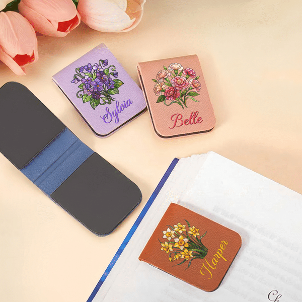 Personalized Birth Flower Magnetic PU Leather Bookmark Clip with Name Reading Accessories Birthday Gift for Book Lovers