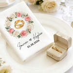 Personalised Watercolor Rings Eucalyptus Leaf Wreath Napkin with Name and Date Table Decor Wedding Anniversary Gift for Bride Newlywed