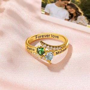 Personalized Double Heart Birthstone Promise Ring with Engraved Names and Text Dainty Jewelry Birthday Wedding Gift for Couple Family Girlfriend