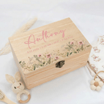 Caja de madera de flores silvestres personalizada con nombre y texto Regalo de cumpleaños de Baby Shower para padres recién nacidos