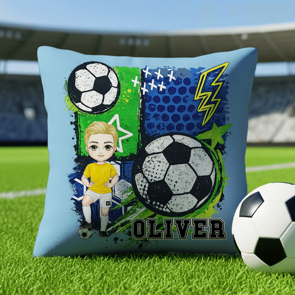Personalised Cartoon Soccer Character Graffiti Design Soft Cushion Cover with Name Home Decor Game Day Team Gift for Soccer Player Lover