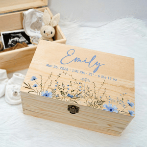 Personalized Wildflower Wooden Storage Box with Name and Text Birthday Baby Shower Gift for Newborn Parent