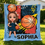 Personalized Multicolor Cartoon Character Basketball Soft Throw Blanket with Name and Number Home Decor Team Birthday Gift for Basketball Lovers
