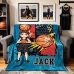 Personalized Multicolor Cartoon Character Basketball Soft Throw Blanket with Name and Number Home Decor Team Birthday Gift for Basketball Lovers