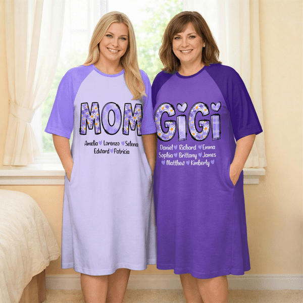 Personalised Daisy Title Multicolour Lounge Pyjamas Nightdress with 1-16 Names and Pockets Daily Wear Birthday Mother's Day Gift for Grandma Mom