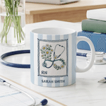 Personalised Birth Flower Watercolour Stripes 11/15 oz Ceramic Mug with Text and Title Daily Use Nurses' Day Birthday Gift for Medical Staff Nurse