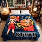 Personalized Multicolor Cartoon Character Basketball Soft Throw Blanket with Name and Number Home Decor Team Birthday Gift for Basketball Lovers