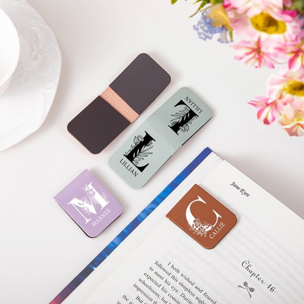 Personalised Leather Bookmark Floral Initial Name Magnetic Clip Reading Stationery Birthday Gift for Bookworms