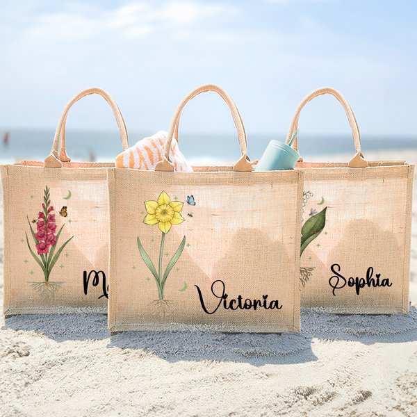 Personalizado Nacimiento Flor Reutilizable Bolsa de Yute Tote con Nombre Cumpleaños Día de la Madre Boda Regalo para Mamá Novia Amiga