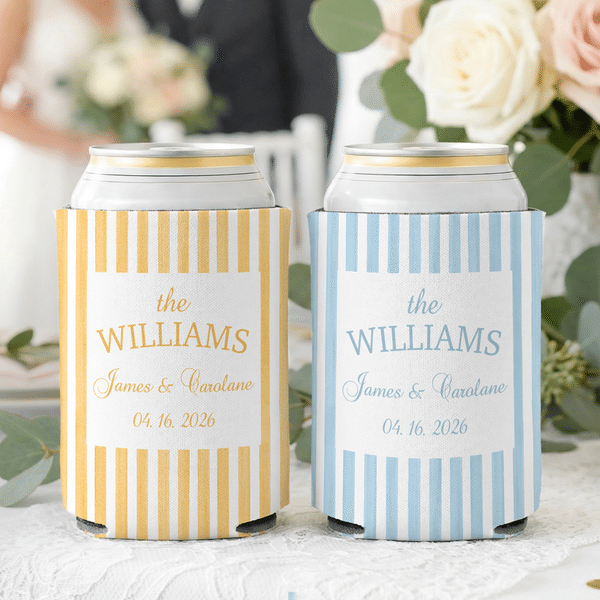 Personalized Multicolour Watercolour Striped Beer Can Cooler Sleeve with Name Title and Date Wedding Party Gift for Newlyweds