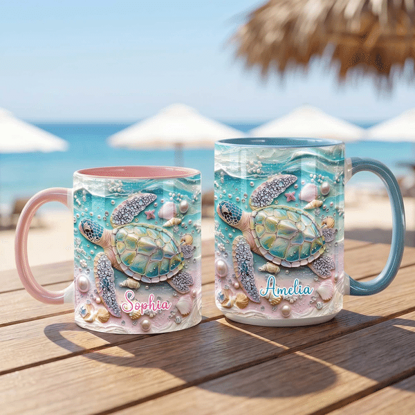 Personalized Sea Turtle 11oz / 15oz Ceramic Mug with Name and Handle Birthday Anniversary Gift for Sea Turtle Lovers Families