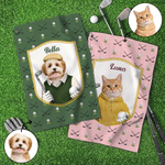 Personlig søt golf kjæledyrfoto superabsorberende vaffelsportshåndkle med navn og hengende klips Game Day bursdagsgave til golfspillere kjæledyrelskere