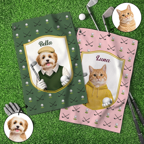 Personlig søt golf kjæledyrfoto superabsorberende vaffelsportshåndkle med navn og hengende klips Game Day bursdagsgave til golfspillere kjæledyrelskere