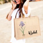 Personalized Birth Flower Reusable Jute Tote Bag with Name Birthday Mother's Day Wedding Gift for Mom Bridesmaid Friend