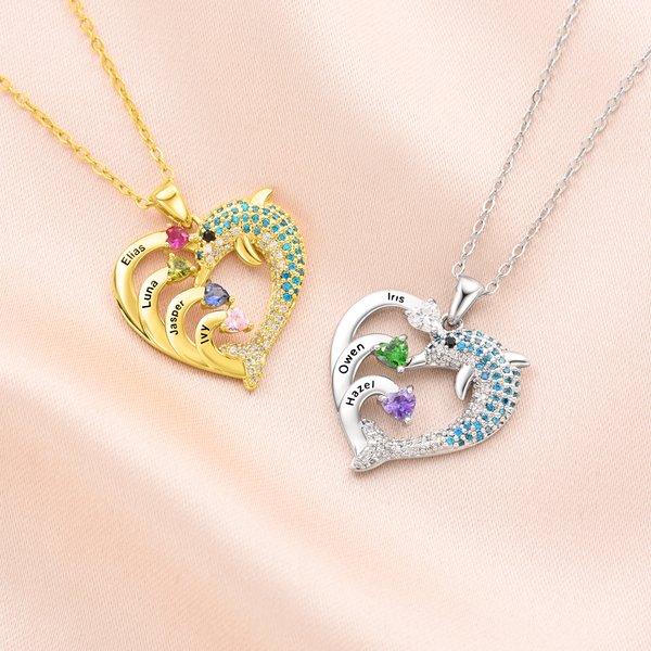 Henkilökohtainen 1-7 Birthstones Heart Dolphin Zirkoni kaulakoru kaiverrettu nimet hieno korut syntymäpäivä äitienpäivä lahja naisille äiti vaimo