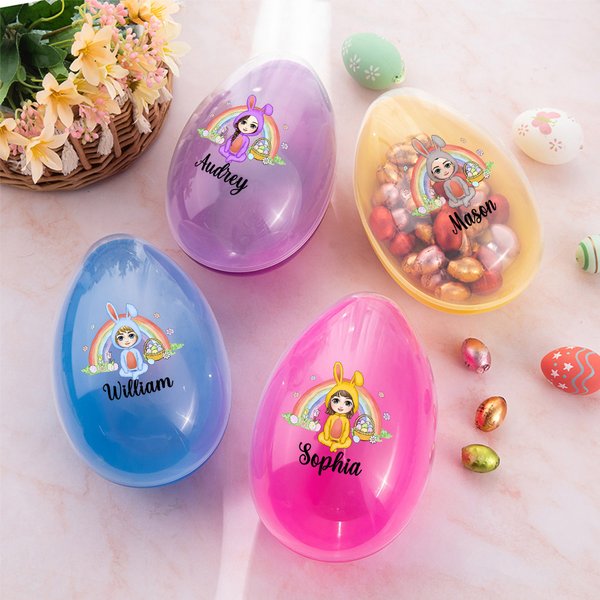 Personalisierte Regenbogen Hase Anzug Cartoon-Charakter füllbare Osterei mit Namen Urlaub Korb Stuffers Ostern Party Favors Geschenk für Jungen Mädchen