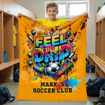 Coperta morbida personalizzata Feel the Drip Soccer Pattern con nome Home Decor Regalo di compleanno del club di calcio per gli amanti del calcio