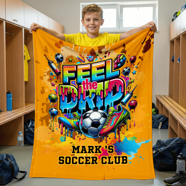 Personalized Feel the Drip Football Pattern Soft Blanket with Name Home Decor Football Club Birthday Gift for Football Lovers