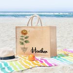 Personalized Birth Flower Reusable Jute Tote Bag with Name Birthday Mother's Day Wedding Gift for Mom Bridesmaid Friend