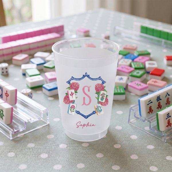 Personalized Mahjong Theme Pink Hydrangea Frosted Plastic Cup with Initial and Name Mahjong Club Birthday Gift for Preppy Girl Mahjong Lover