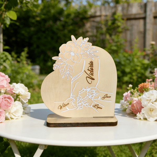 Personlig hjerteblomst som holder hender Skrivebordsdekorasjon med navn Jubileum Morsdagsgave til mor Familie