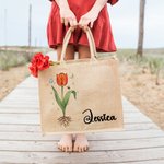Personalized Birth Flower Reusable Jute Tote Bag with Name Birthday Mother's Day Wedding Gift for Mom Bridesmaid Friend