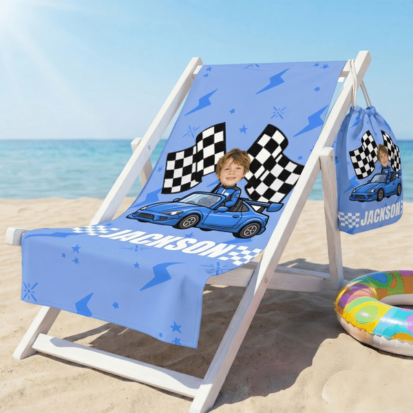 Personalized Cartoon Racing Kid Face Photo Character Quick Dry Oversized Beach Towel with Name Travel Essentials Summer Vacation Gift for Boys Girls