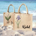 Personalized Birth Flower Reusable Jute Tote Bag with Name Birthday Mother's Day Wedding Gift for Mom Bridesmaid Friend