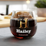 Personalized Graduation Cap Golden Initial 15 oz Stemless Wine Glass with Name and Text Graduation Gift for Graduates