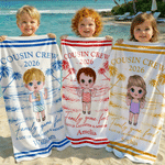 Personalised Hand Drawn Line Cartoon Character Quick Dry Beach Towel and Drawstring Bag with Name Travel Birthday Summer Vacation Gift for Kids Family