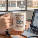 Personalised Birth Flower Watercolour Stripes 11/15 oz Ceramic Mug with Text and Title Daily Use Nurses' Day Birthday Gift for Medical Staff Nurse
