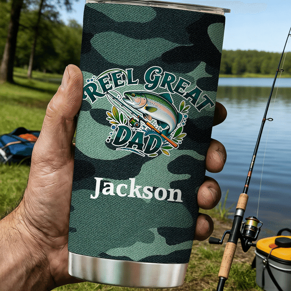 Personalized Camouflage Fishing Pattern 20 oz Tumbler with Name Daily Use Father's Day Birthday Gift for Father Grandpa