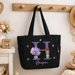 Personalized Cartoon Character Initial Large Capacity Corduroy Tote Bag with Birth Flower and Name Travel Essential Birthday Gift for Women