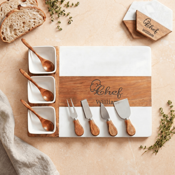 Gepersonaliseerde gegraveerde naam marmeren 11 delige snijplank onderleggers set met keramische kom engagement vaderdag cadeau voor familie vrienden vader