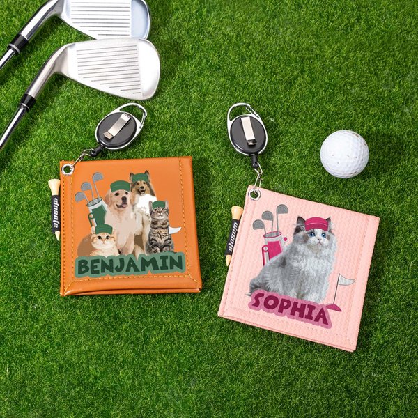 Personalised Cute Pet Photo PU Leather Absorbent Golf Ball Towel with Name and Retractable Clip Golf Accessories Birthday Gift for Golf Lovers