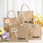Gepersonaliseerde Geboortebloem Elegante Grote Capaciteit Jute Tas met Naam Dagelijks Gebruik Reizen Verjaardagscadeau voor Haar